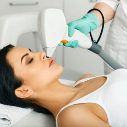 Woman receiving laser hair removal treatment on her upper lip at Derma Laser Spas in Sandy Springs, Atlanta.